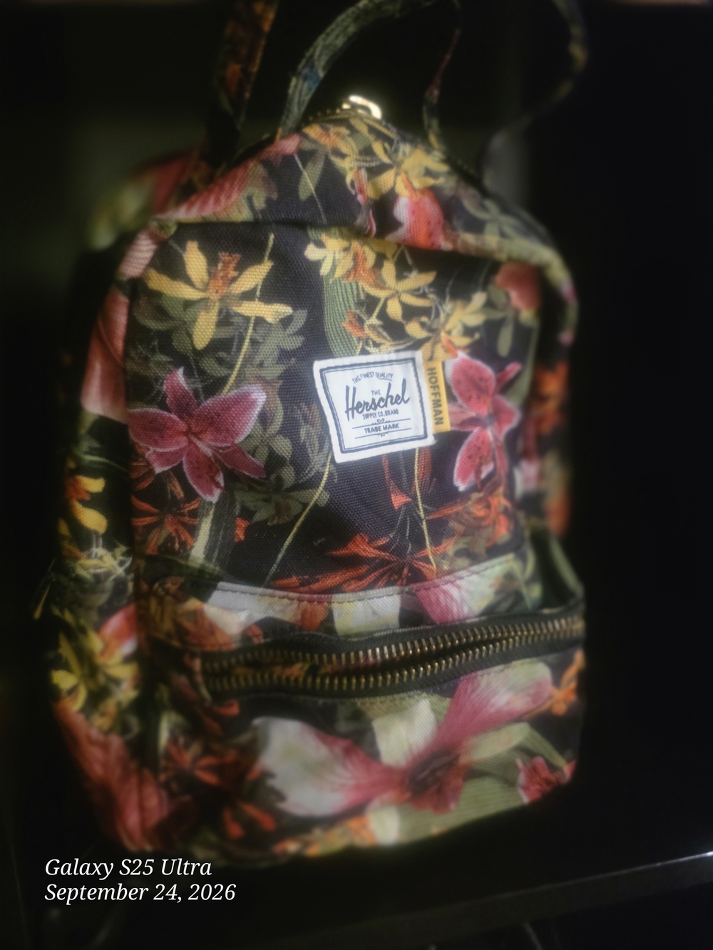 Herschel Supply Company Black Floral Mini Backpack with Pink & Yellow Accents